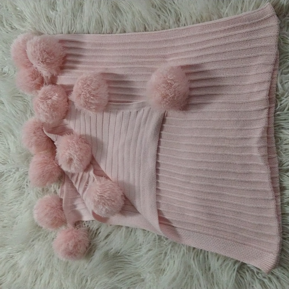 Pink Pom-Pom Knit Blanket for Kids Or Baby